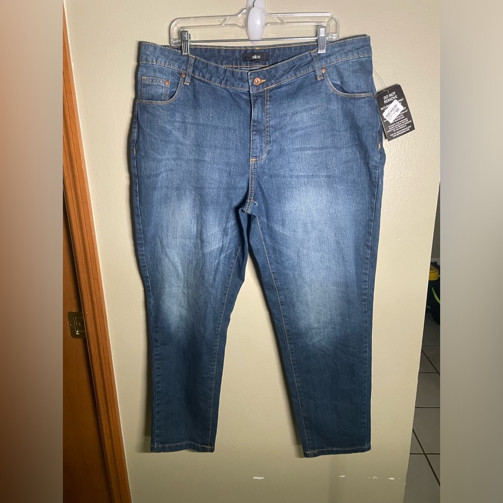 ELLOS WOMEN'S SIZE 18 DISTRESSED BLUE JEANS STRETCH STRAIGHT LEGS